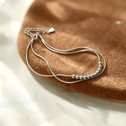 Double Layer Snake Bone Chain Silver Bead Bracelet