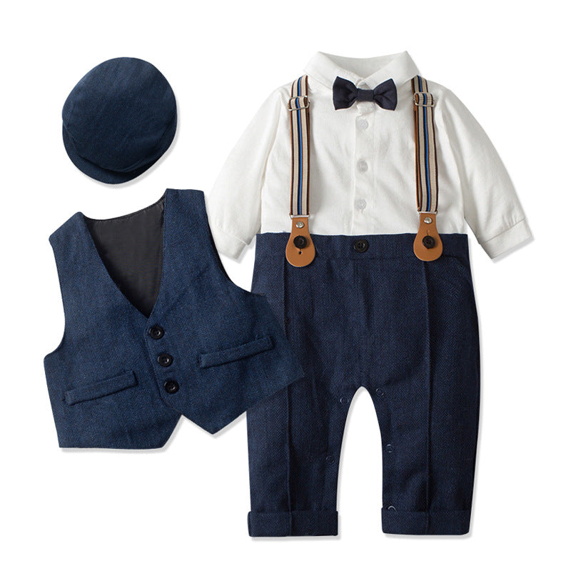 Boys Gentleman Suspender Romper Vest Set Short Sleeve Bow Tie Casual Two Piece Outfit