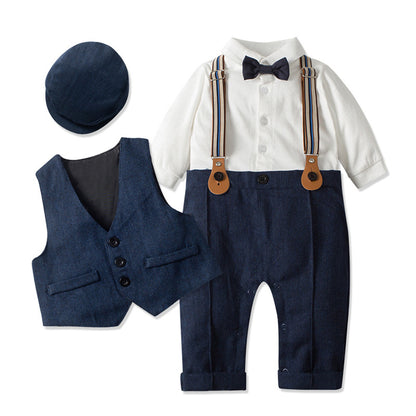 Boys Gentleman Suspender Romper Vest Set Short Sleeve Bow Tie Casual Two Piece Outfit