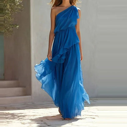 Elegant Slanted Neck Pleated Beach DressesAsymmetric Chiffon