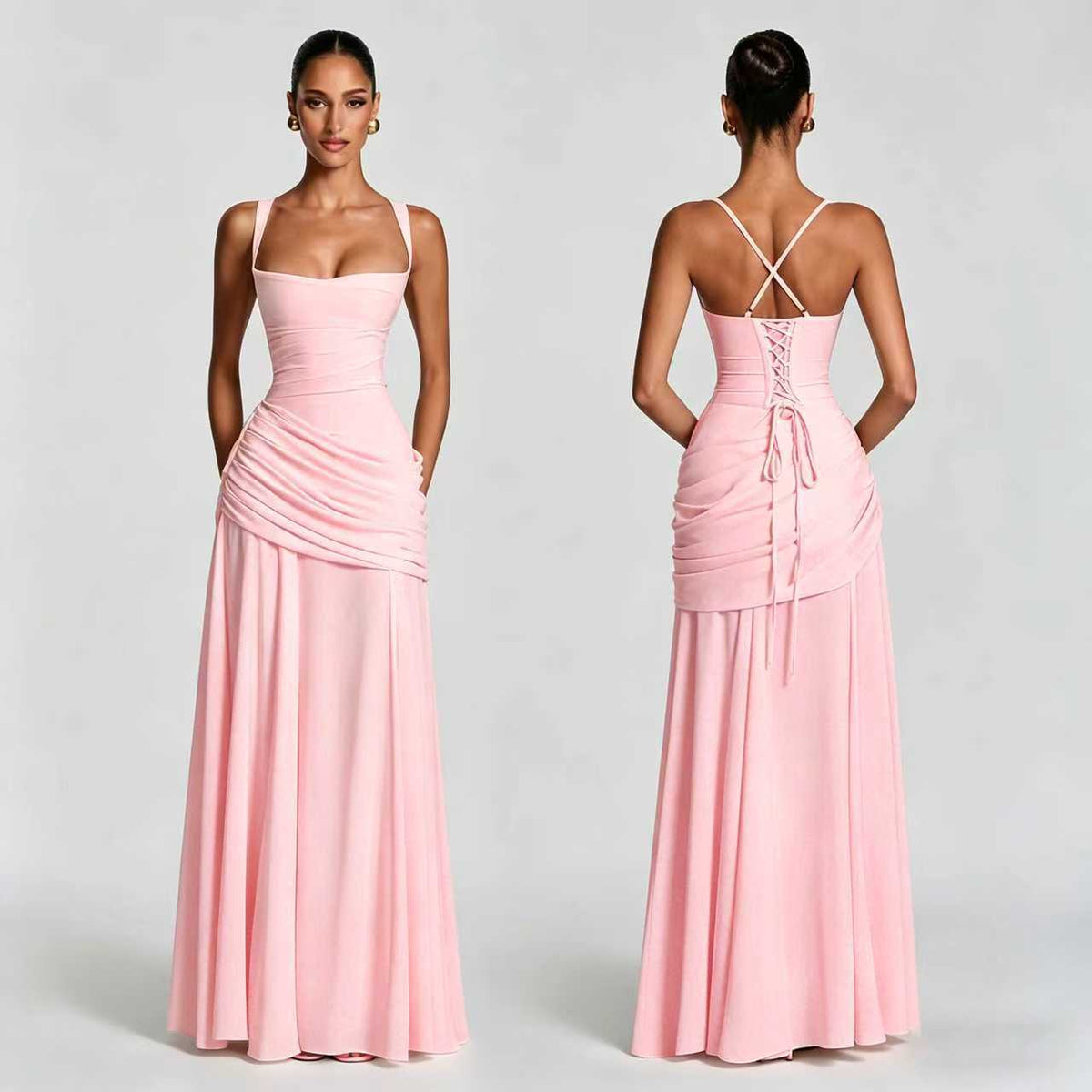 Elegante nauwsluitende chiffonjurk met plooien en vetersluiting op rug