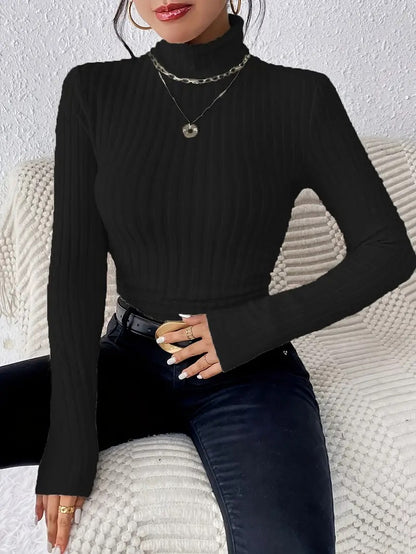 Womens High Neck Ribbed Knit Top