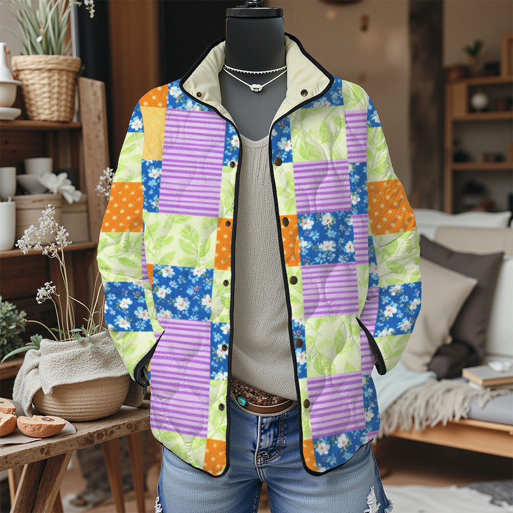 Women's Pleated Floral Digital Print Cotton Jacket Long Sleeve Stand Collar Outerwear