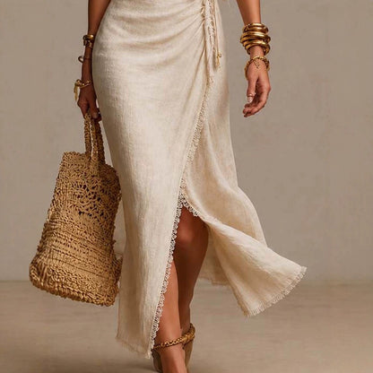 Textured V-Neck Wrap Dress with Tie