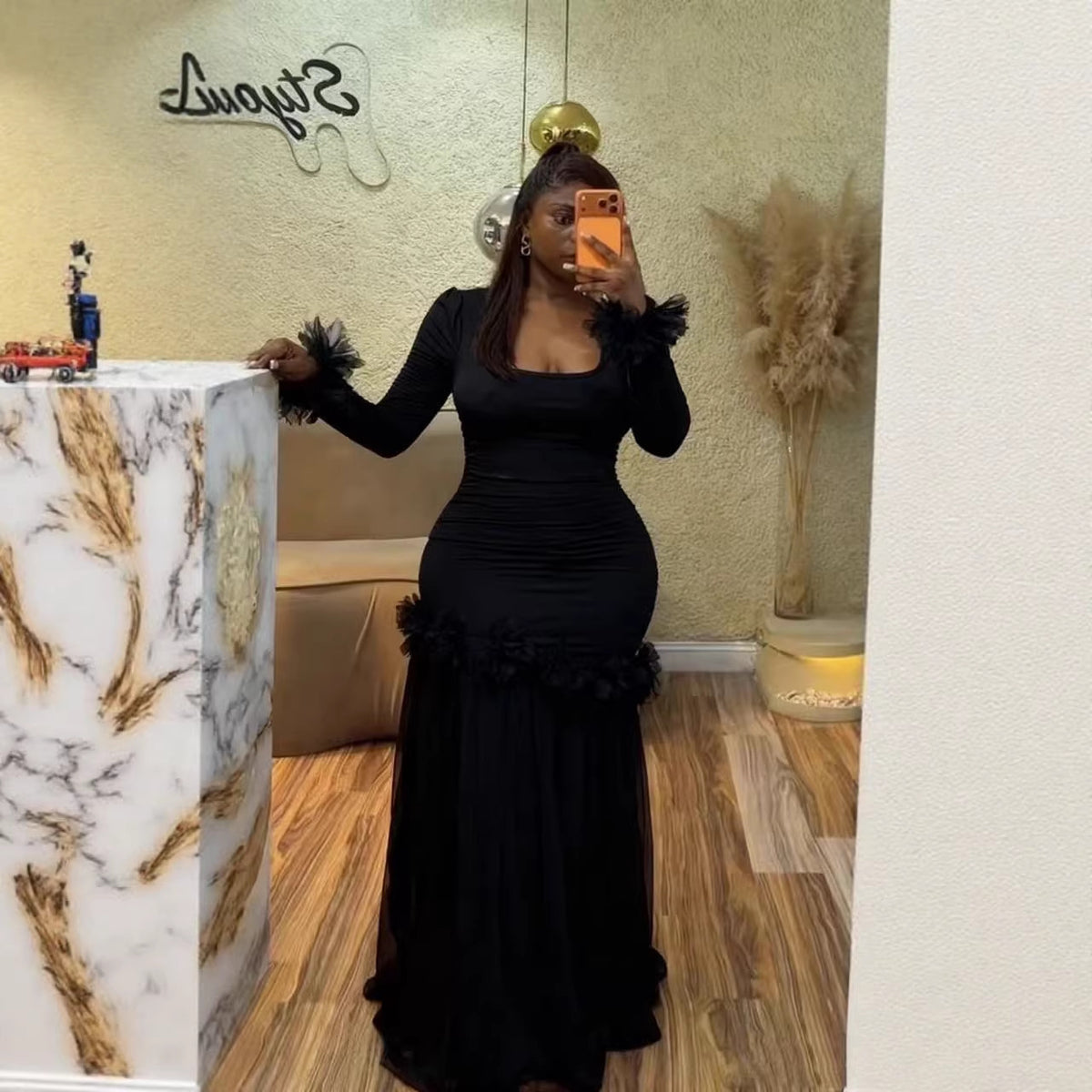 Ruffled Trim and Pleated Tulle Skirt