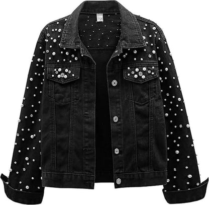 Women's Pearl Rhinestone Cropped Denim Jacket Long Sleeve Slim Fit