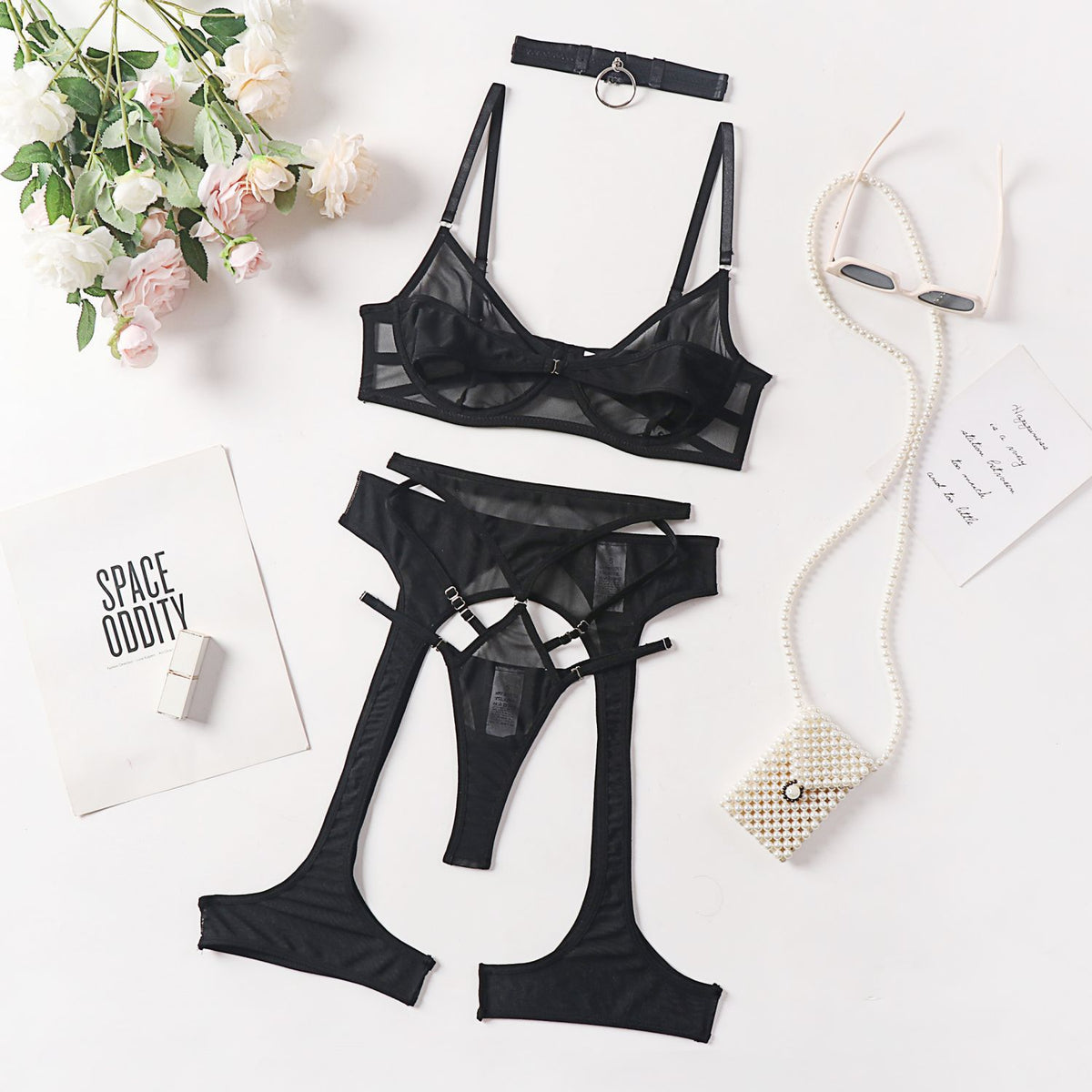 Lace Halter Bra and Garter Lingerie Set
