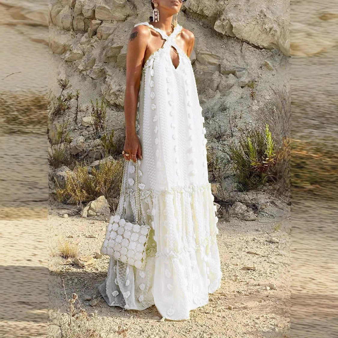 2026 Spring/Summer European and American New Style Solid Color Fashionable 3D Floral Floor-Length Cake Dress Cross-Border Long Dress Women's Halter Dress