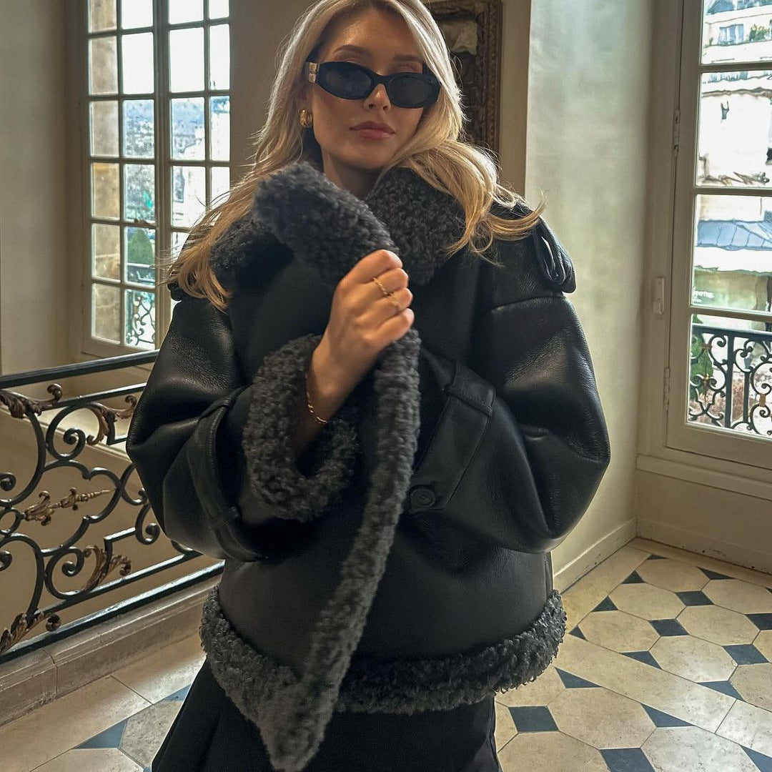 Winter and autumn long-sleeved fur-coated one-piece short coat