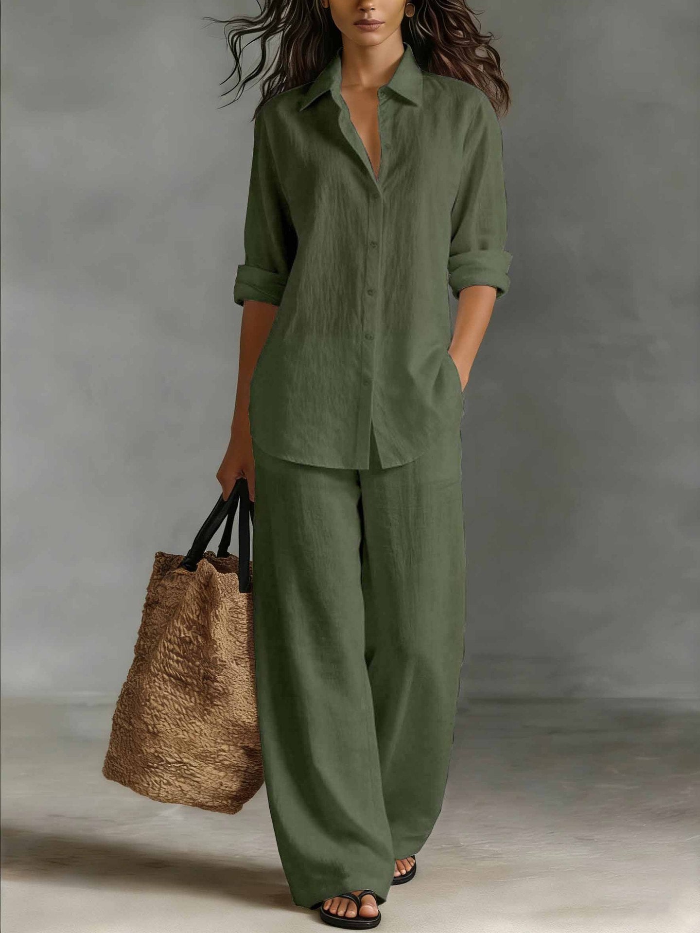 Casual katoen-linnen blouse en broekset voor dames