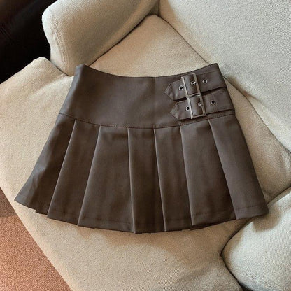 Womens High Waist Pleated PU Skirt