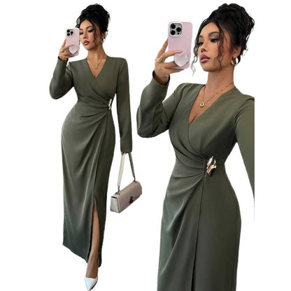Womens Solid Color V-Neck Long Sleeve Dress