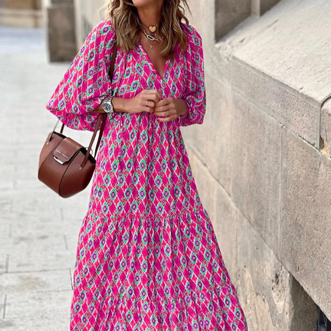 Geometric Print Puff Sleeve V-Neck Long Dress