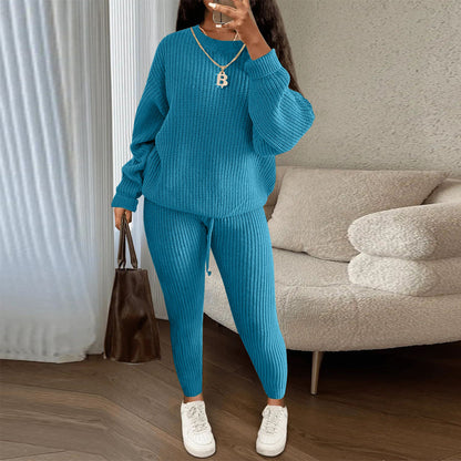 Womens Casual Knitwear Suit Long Sleeve Two Piece Pants Set