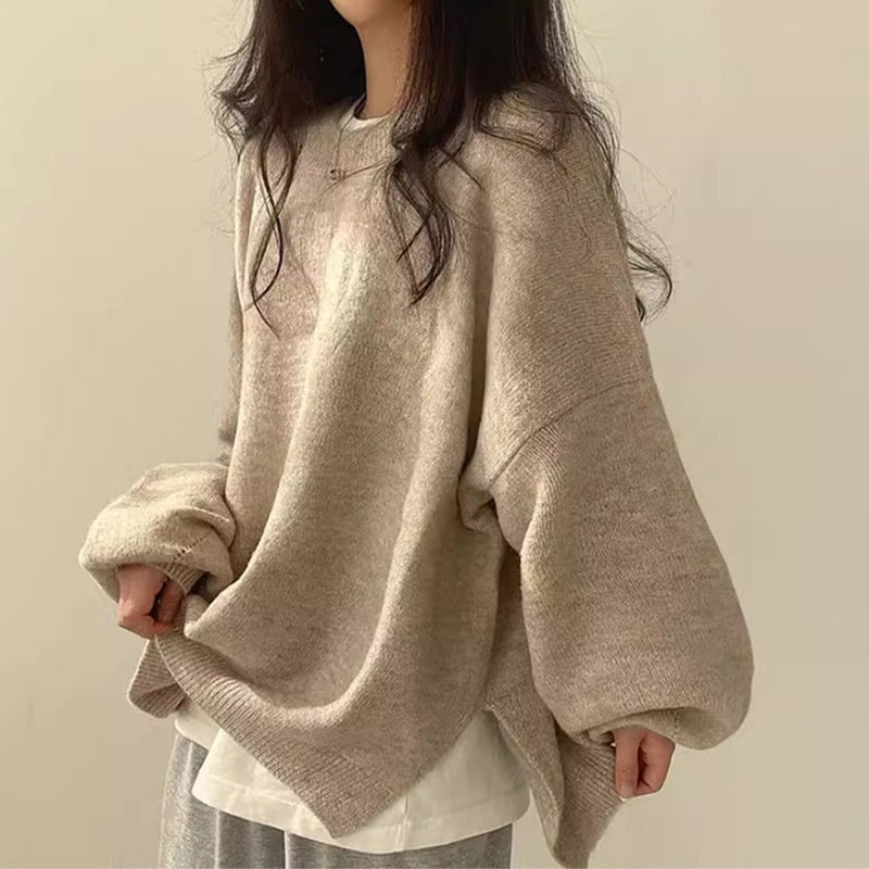 Casual Versatile Solid Color Slit Pullover Loose Long-Sleeve Women's Sweater