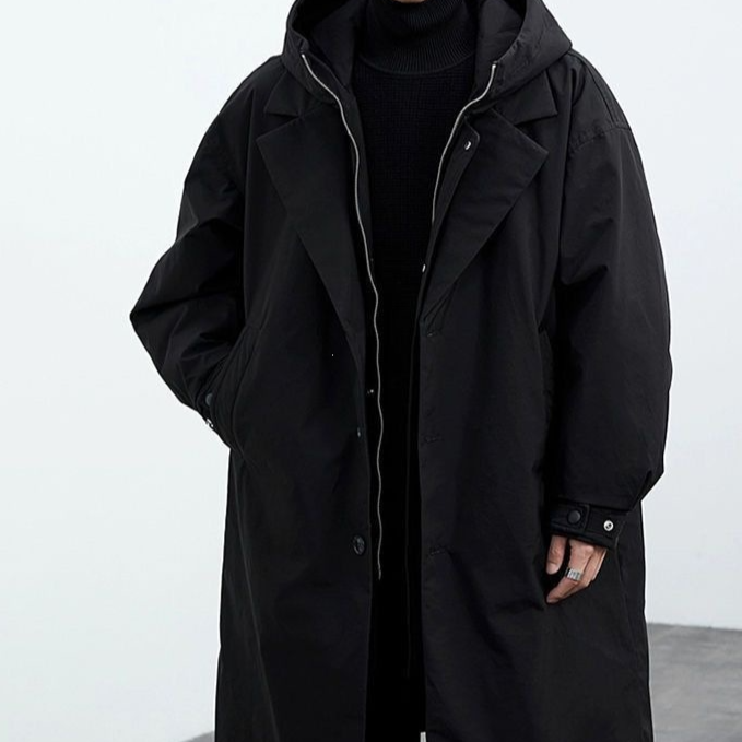Men's two-piece hooded mid-length warm trench coat overcomes extra-thick