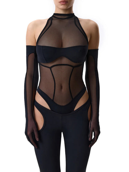 Mouwloze jumpsuit van opengewerkt mesh en wijde pijpen