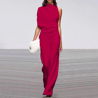 Womens Solid Color One Shoulder Ruched Collar Jumpsuit