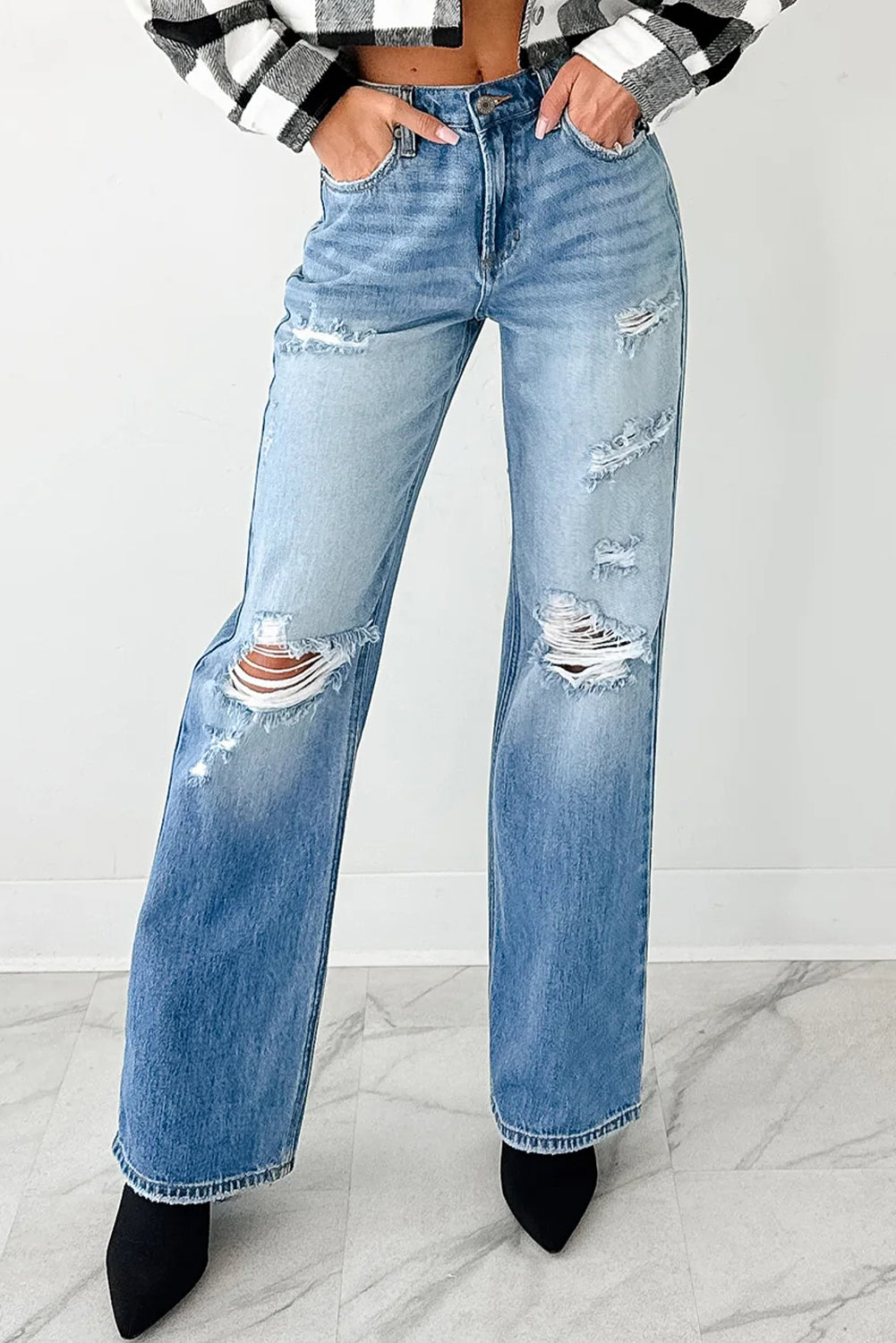 Mid Rise Distressed Straight Leg Jeans