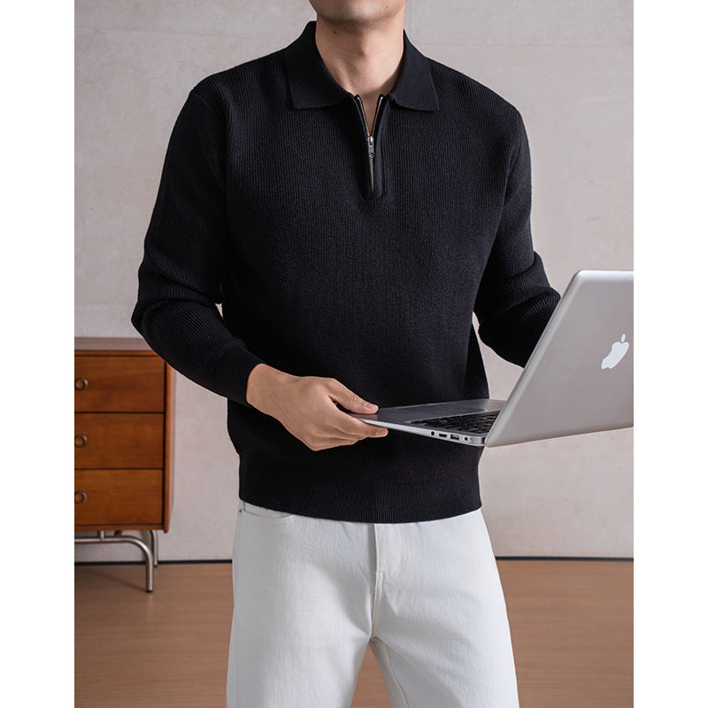 Men's Zippered Sheep Wool Blend Thickened Knit Sweater with Anti-Pilling Feature