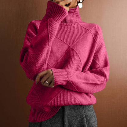 Womens Solid Color High Neck Diamond Pattern Loose Knitwear Sweater