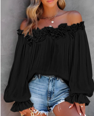 Off-shoulder Top Met Lange Lotusbladmouw En Ruches Halslijn