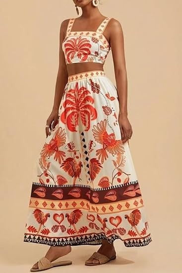 Sexy crop top en maxi-rok met print