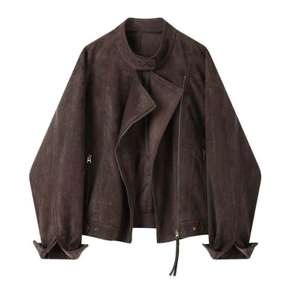 Vintage Suede Fleece-Lined Short Leather Jacket for Women