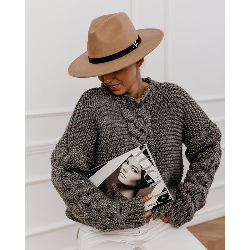 Women's Solid Color Round Neck Cable Knit Batwing Sleeve Loose Casual Pullover Sweater