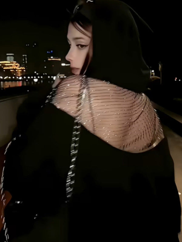Niche Design Backless Hollow-Out Mesh Hoodie Loose Sweater