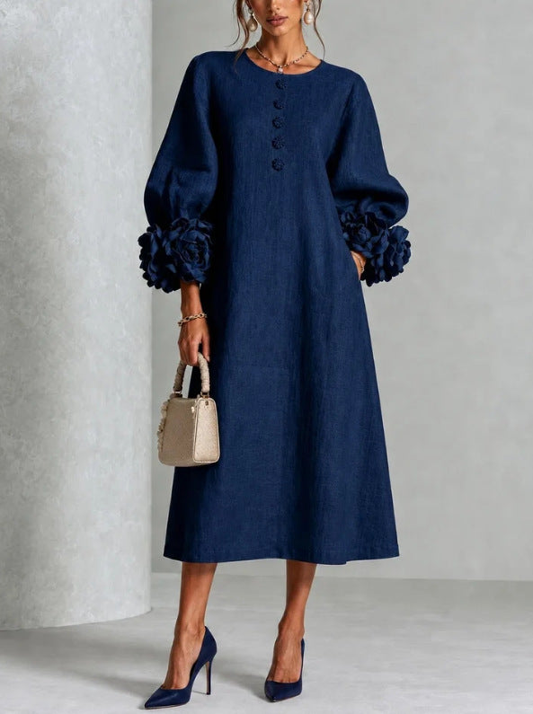 Elegant Floral Sleeve Cotton Linen Dress