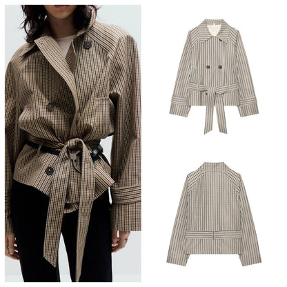 Classic Double-Breasted Grid Pattern Trench Coat