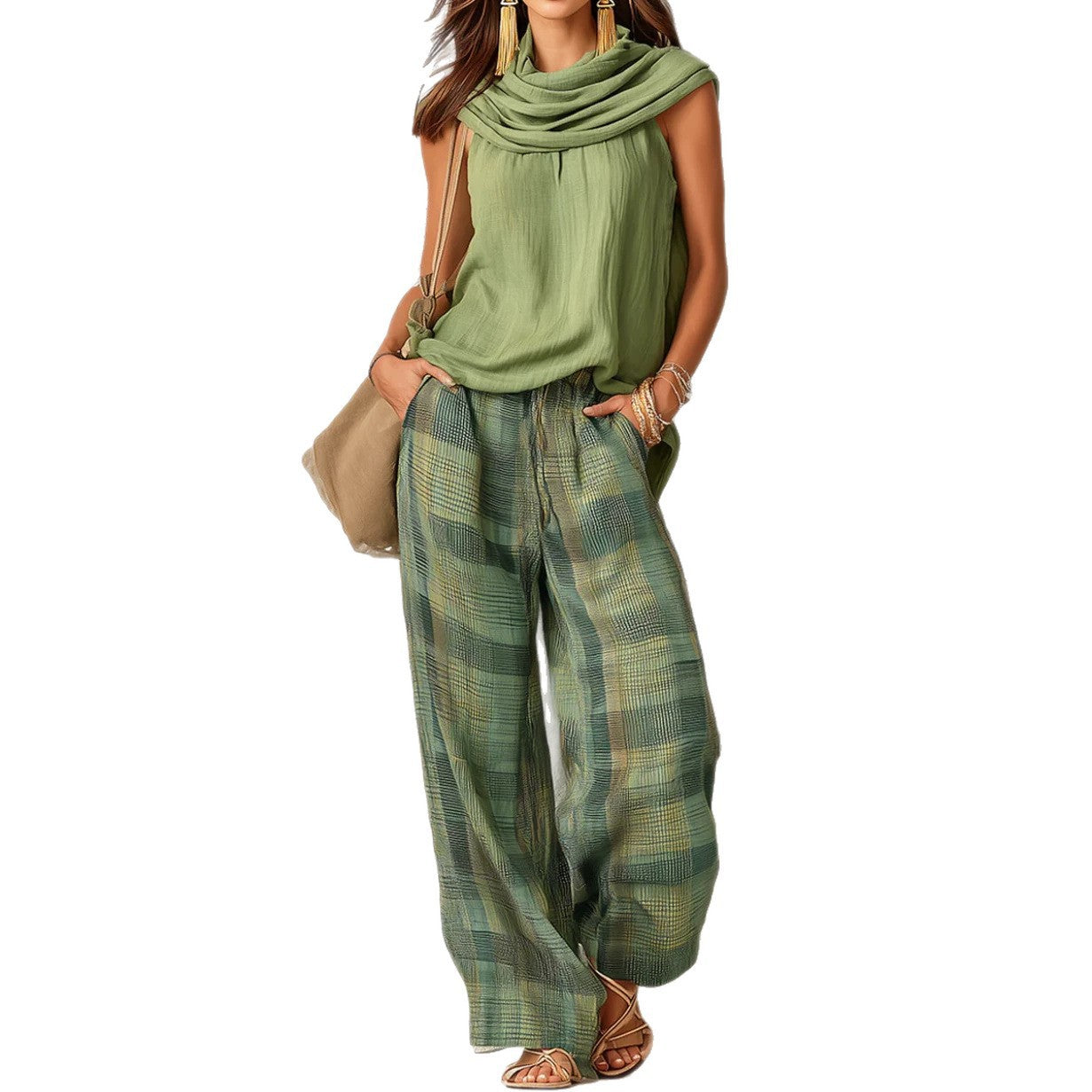 Sleeveless top with plaid pants