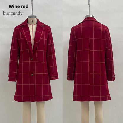 Retro Plaid Mid-Length Lapel Coat for Women