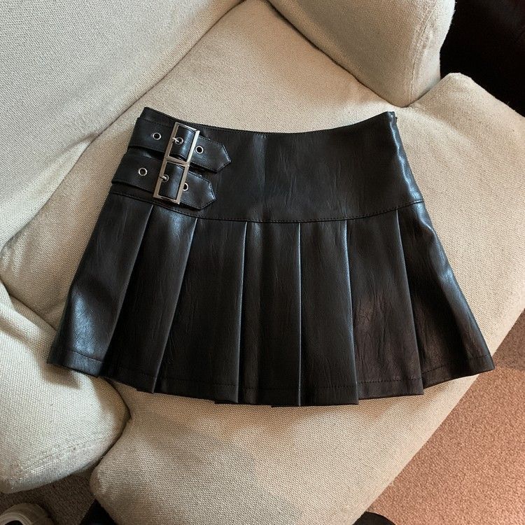 Womens High Waist Pleated PU Skirt