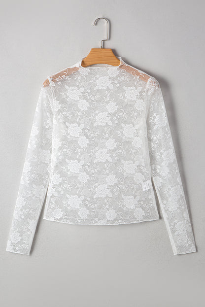 Top met col bloemenkant mesh en lange mouwen