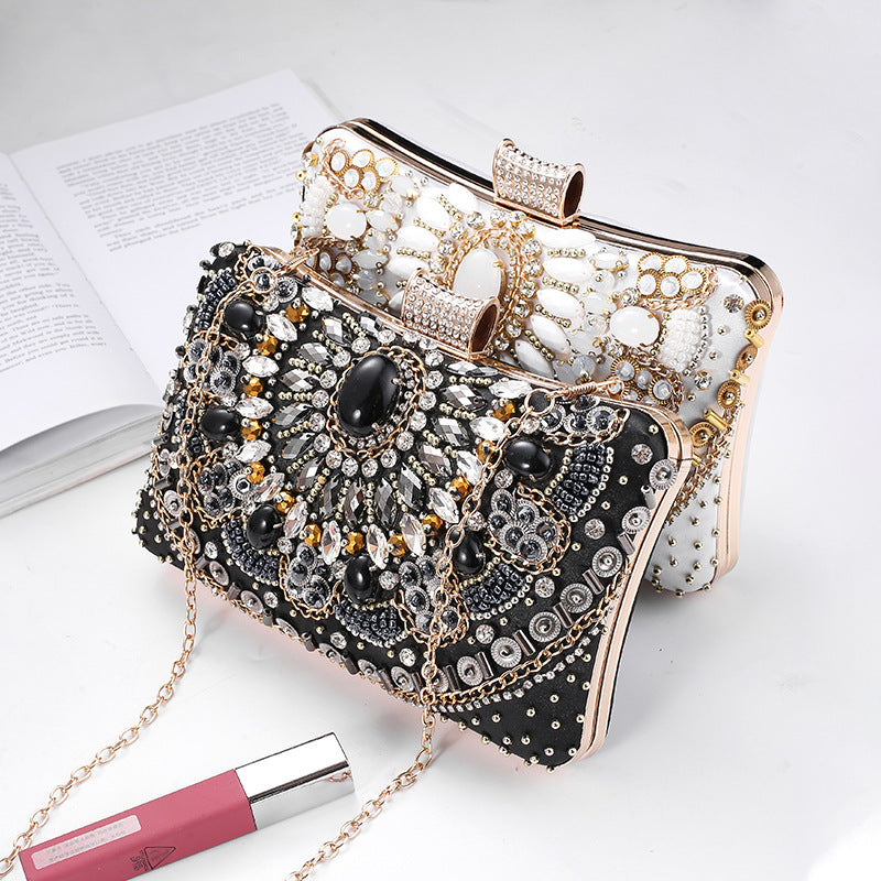 Cross-Mirror New Bead Embroidered Evening Bag, Hand-Beaded Women's Hand-Held Wedding Bag, Diamond-Encrusted Banquet Rhinestone Evening Bag