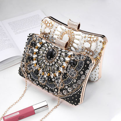 Cross-Mirror New Bead Embroidered Evening Bag, Hand-Beaded Women's Hand-Held Wedding Bag, Diamond-Encrusted Banquet Rhinestone Evening Bag