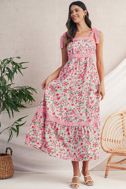 Maxi-jurk met bloemenkant strikbandjes en empiretaille