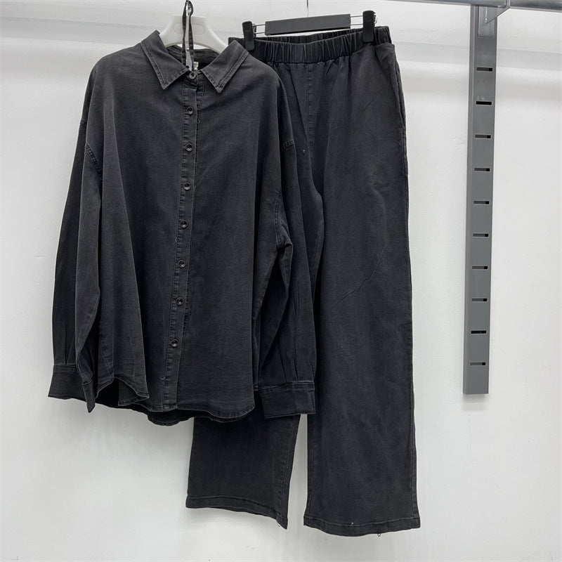 Women's Denim Polo Collar Casual Set
