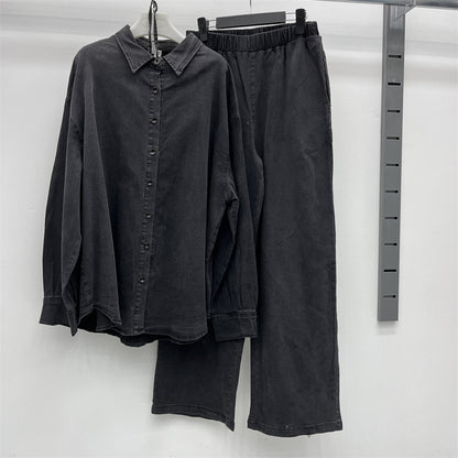 Women's Denim Polo Collar Casual Set