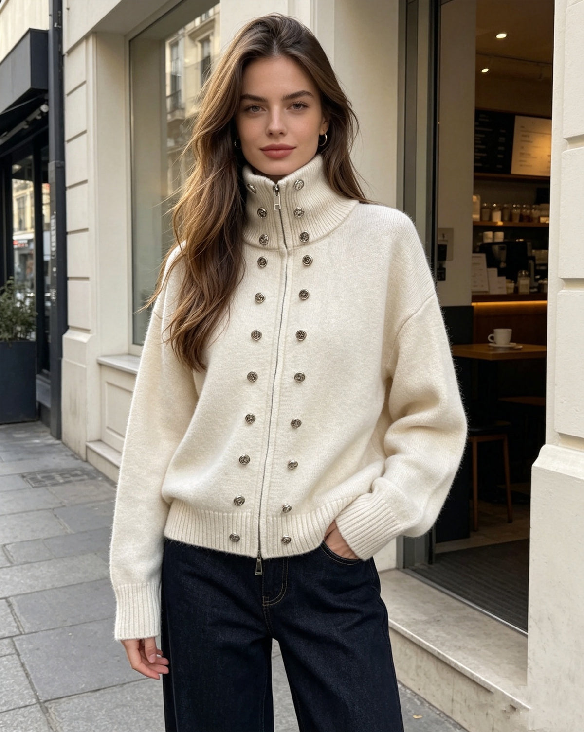 button-decorated knitted zipper cardigan sweater coat