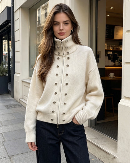 button-decorated knitted zipper cardigan sweater coat
