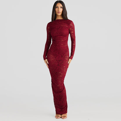 European and American Amazon New Sexy Backless Lace Flower Perspective Slim-fit Long-sleeved Street-style Long Hip dress