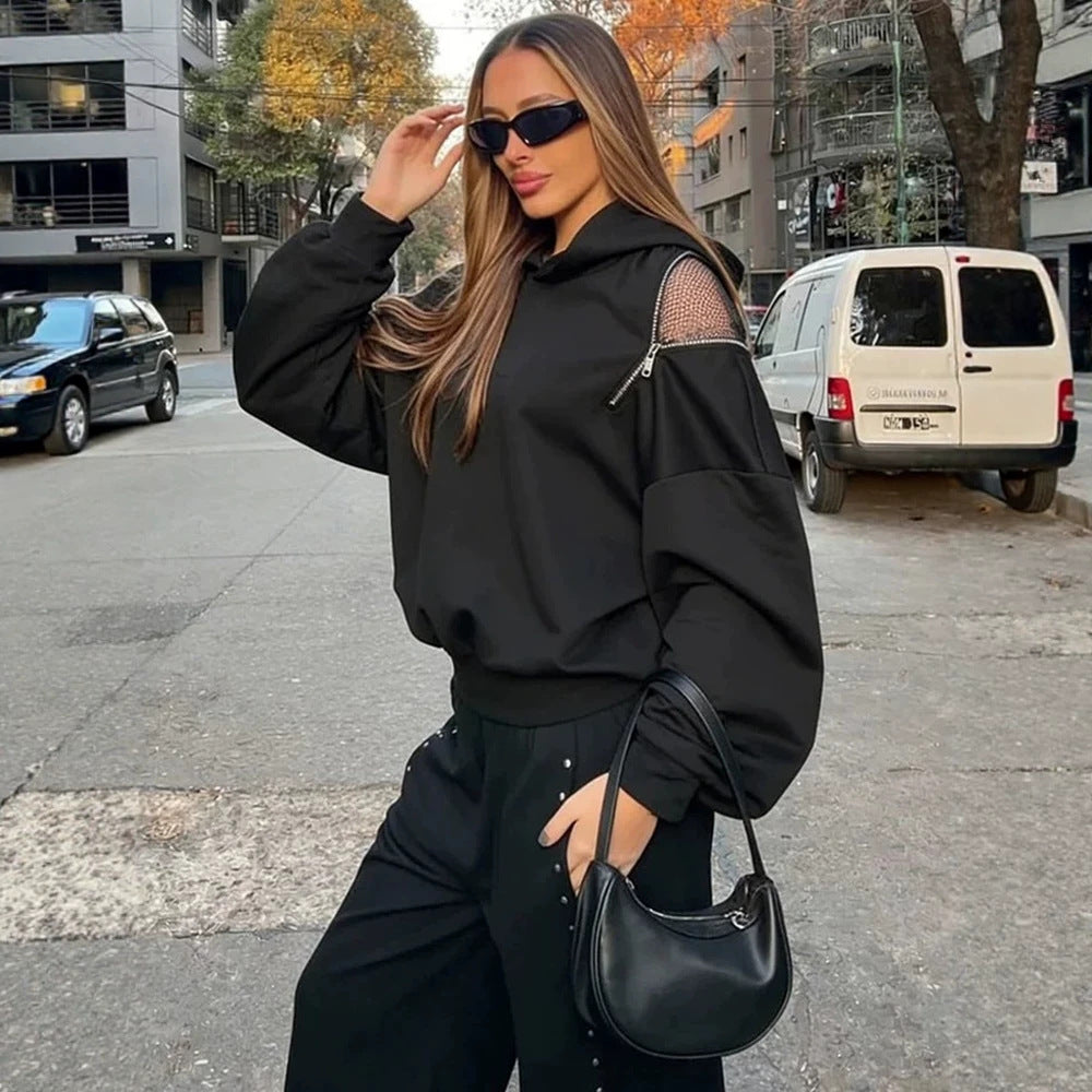 Niche Design Backless Hollow-Out Mesh Hoodie Loose Sweater