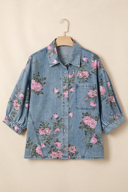 Blauwe denim overhemd met armbandmouwen en bloemenprint
