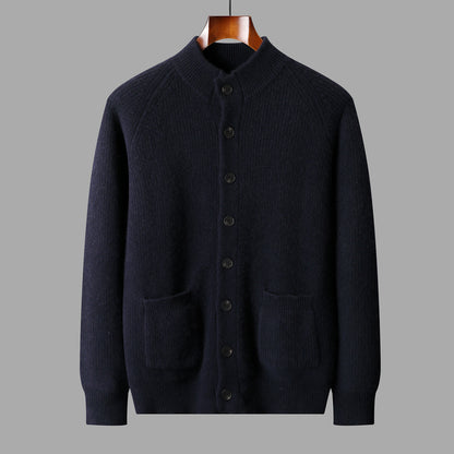 Men's Pure Cashmere V-Neck Cardigan Sweater Solid Color Long Sleeve Buttoned Knitwear