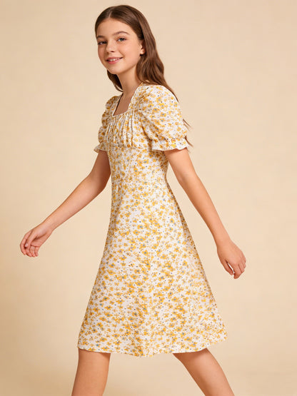 Floral Print Waist-Cinching Mid-Length Dress