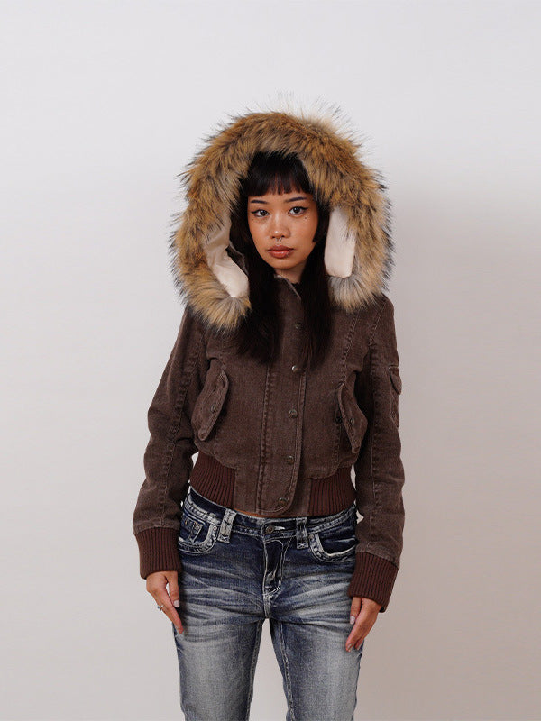 Womens Hooded Short Jacket with Detachable Fur Collar