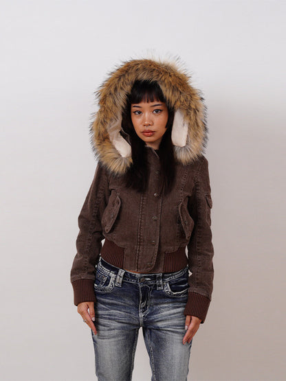 Womens Hooded Short Jacket with Detachable Fur Collar